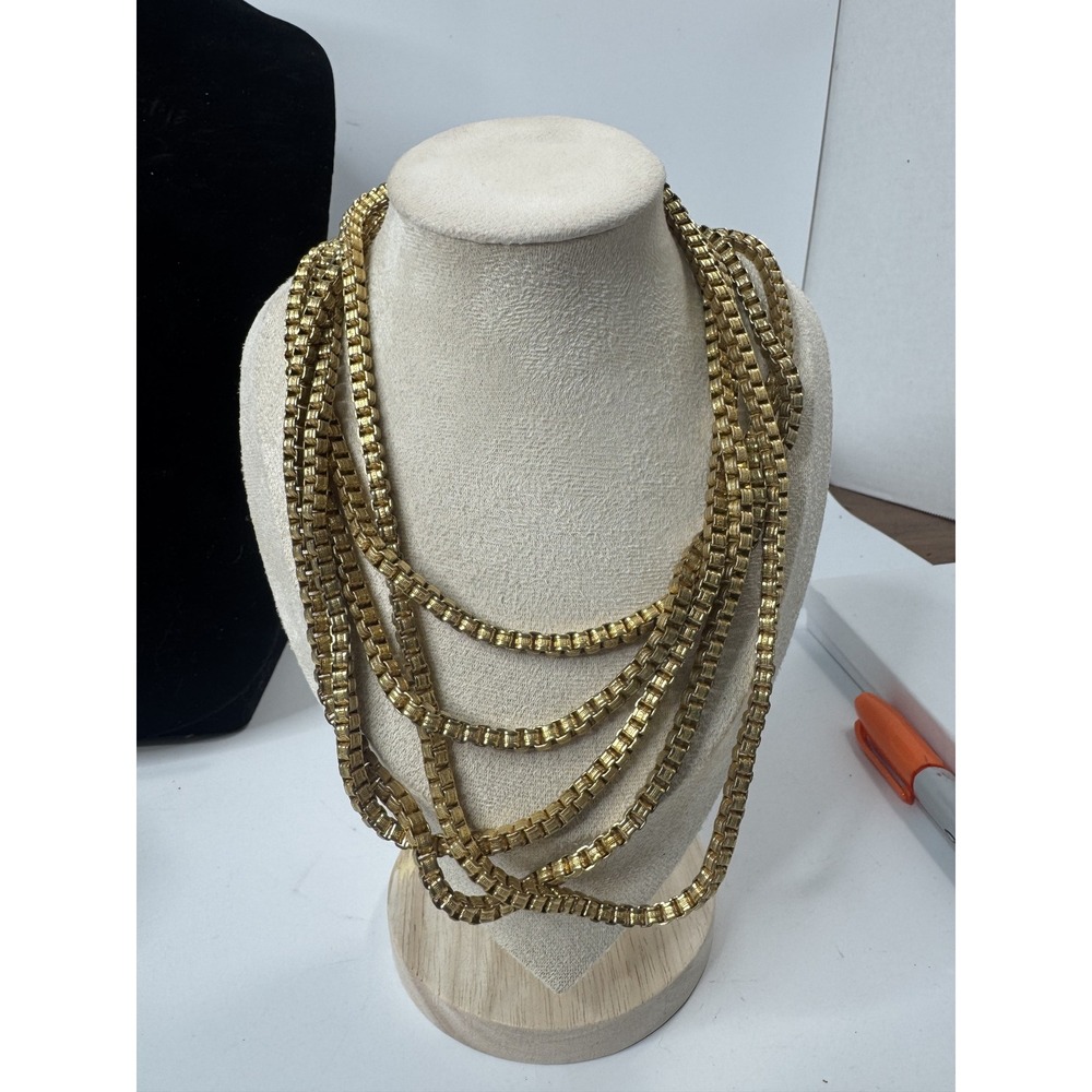 Vintage Monet Gold Tone Multi Strand Box Chain Statement Necklace 16.5 Inch